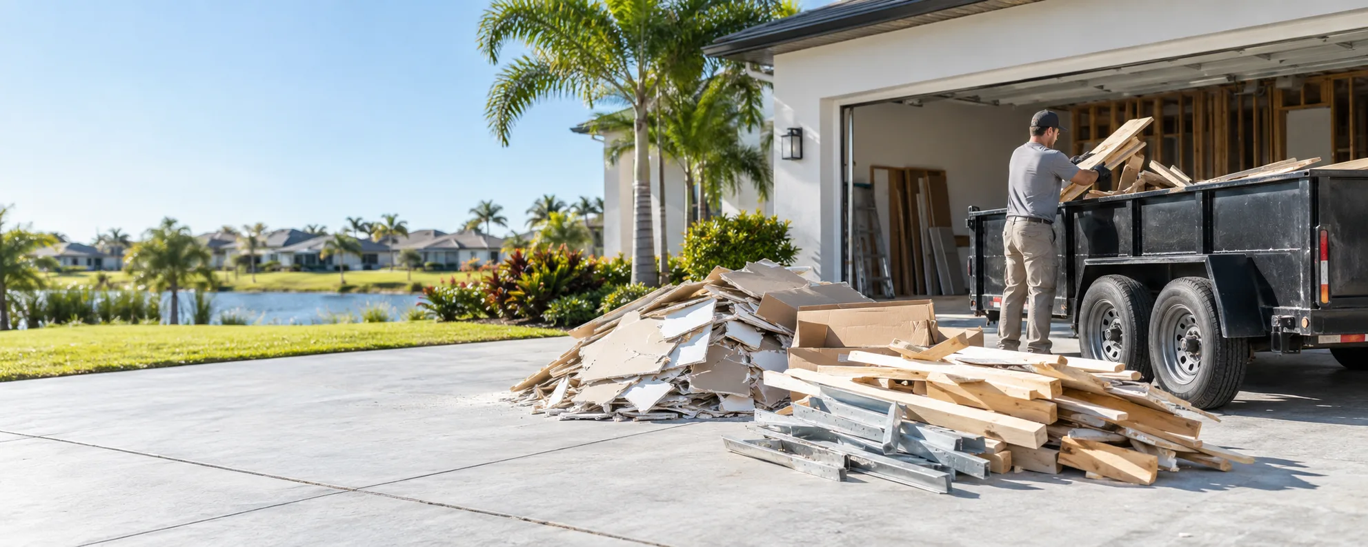 Construction debris staged beside a service trailer at a Florida renovation site
